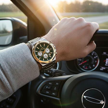 Slazenger SL.09.2501.2.04 Erkek Kol Saati | Yeşil Kadranlı Çelik Güç ve Altın Detay