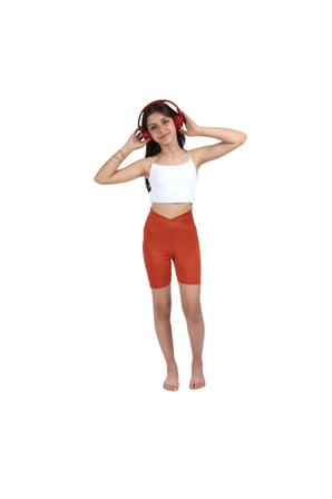 Kız Çocuk Yüksek Kruvaze Bel, Biker, Koşu, Yürüyüş, Spor, Atletik, Egzersiz, Fittness Kısa Tayt — Kiremit