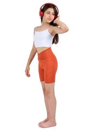 Kız Çocuk Yüksek Kruvaze Bel, Biker, Koşu, Yürüyüş, Spor, Atletik, Egzersiz, Fittness Kısa Tayt — Kiremit