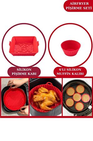 Onikiden Airfryer Silikon Kare Pişirme Kabı ve 6’lı Kek Muffin Kalıbı Set- Hava Fritözleriyle Uyumlu