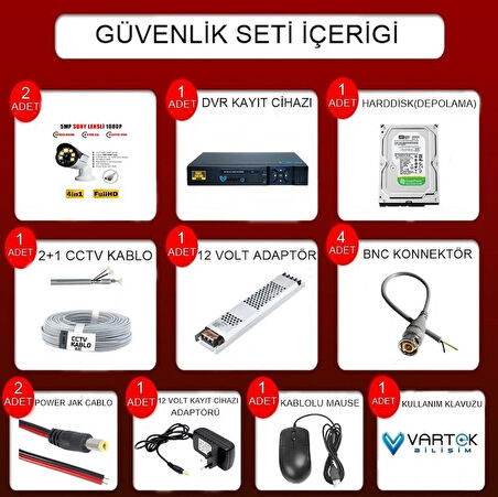 2 Kameralı Set 320 Gb Hdd Full Hd Gece Görüşlü Güvenlik Kamerası Sistemi-Sabit İp Gerektirmez-