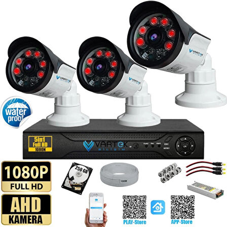 3 Kameralı Set 250Gb Hdd Full Hd Gece Görüşlü Güvenlik Kamerası Sistemi-Sabit İp Gerektirmez-