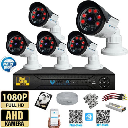 5 Kameralı Set 250 Gb Hdd Full Hd Gece Görüşlü Güvenlik Kamerası Sistemi-Sabit İp Gerektirmez-