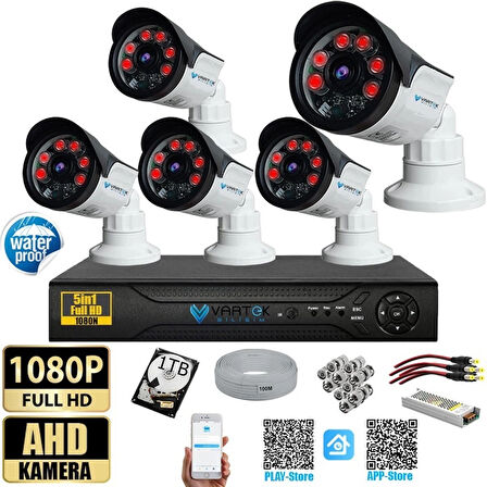 5 Kameralı Set 1TB Hdd Full Hd Gece Görüşlü Güvenlik Kamerası Sistemi-Sabit İp Gerektirmez