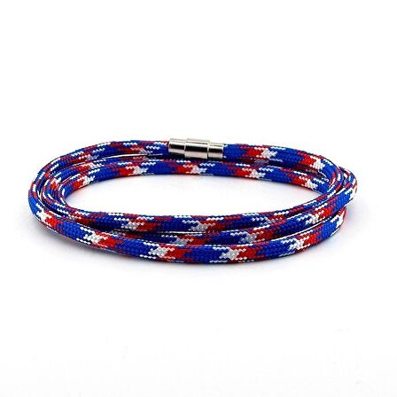 PARACORD ÜÇ SIRA DOLAMA MAVİ KIRMIZI BEYAZ ERKEK BİLEKLİK BT411