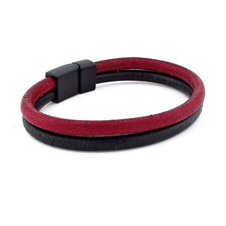 BORDO SİYAH ORJİNAL DERİ METAL MIKNATIS BİLEKLİK M016A