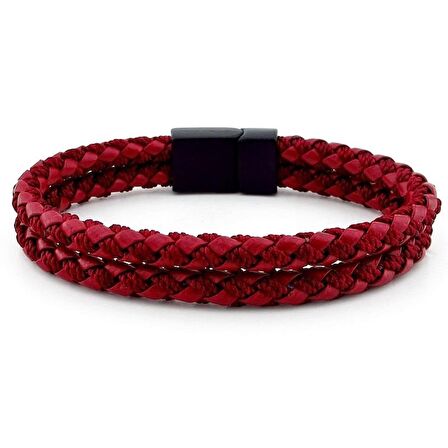 SİYAH METAL MIKNATIS 2 SIRA BORDO ÖRGÜ DERİ ERKEK BİLEKLİK M032D