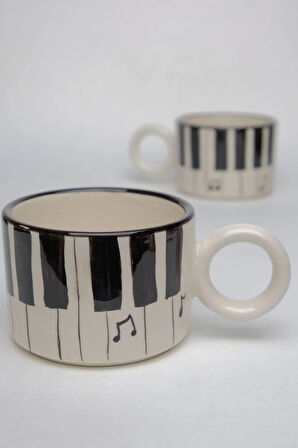 Piyano desenli El Yapımı Silindir Seramik Kupa, Seramik Kupa,Nescafe Kupası
