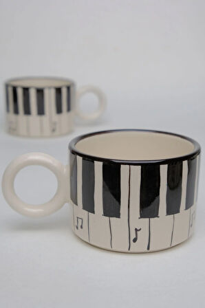 Piyano desenli El Yapımı Silindir Seramik Kupa, Seramik Kupa,Nescafe Kupası