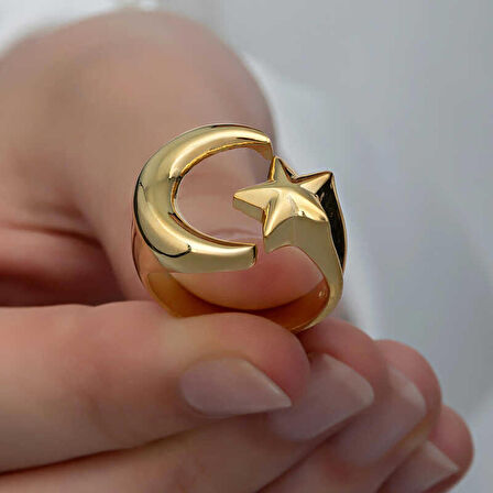 Gümüş Gold Ay Yıldız Kadın Yüzük & Kadın Yüzükleri & Taşsız Yüzükler &