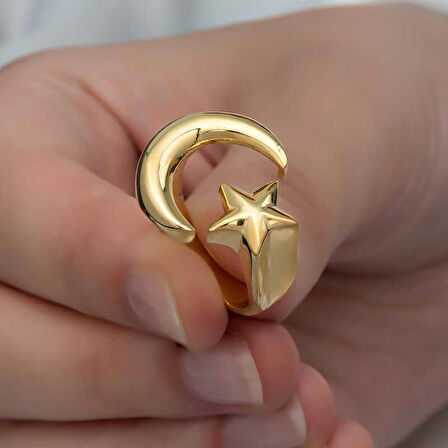 Gümüş Gold Ay Yıldız Kadın Yüzük & Kadın Yüzükleri & Taşsız Yüzükler &