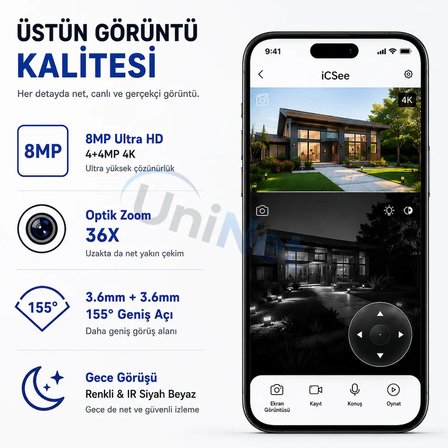 Uninet 4G SIM Kartlı Solar Çift Kameralı Güvenlik Kamerası 8MP 36X Zoom
