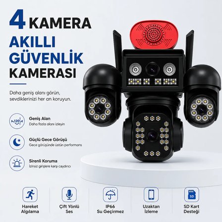 Uninet Aov Teknolojili 4g Solar Güvenlik Kamerası – Düşük Güç Tüketimi, Kesintisiz Izleme ve Anlık Kayıt 4 Kameralı – 3 Kamerası Dönebilen  Ptz + 1 Sabit Lens, Gece Görüşü ve Siren