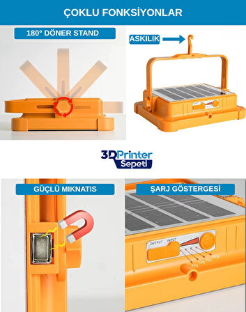 3D Printer Sepeti 200W Solar Güneş Enerjili LED Projektör – Taşınabilir, Powerbank Özellikli, 5 Modlu Aydınlatma