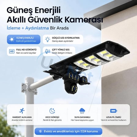 Uninet 6MP 4G Solar Güvenlik Kamerası Çift Lensli Renkli Gece Görüşlü Siyah Dış Mekan