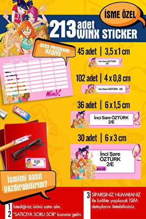 Okul Etiketi WINX Temalı Özel İsim Yazılabilen Kalem, Defter, Boya, Kitap Etiketi - 213 Adet