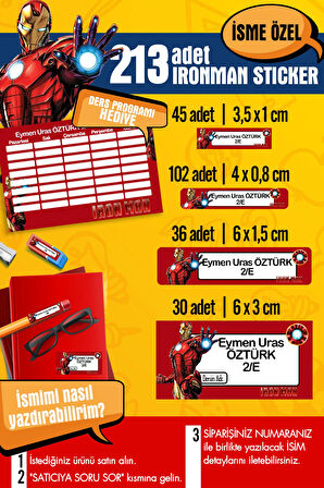 Okul Etiketi IRONMAN Temalı Özel İsim Yazılabilen Kalem, Defter, Boya, Kitap Etiketi - 213 Adet