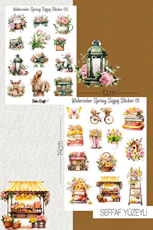 Watercolor Spring Temalı Şeffaf Sticker Seti 01-02 Ajanda Planlayıcı Bullet Journal Için Uygundur