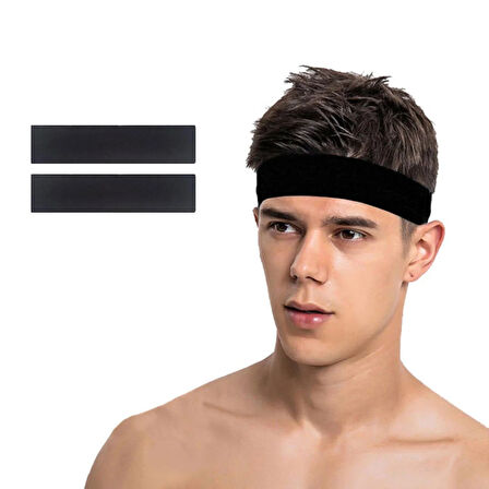 Spor Saç Bandı 2li Sporcu Erkek Kafa Bandı Headband Tenis Gym Ter Bantı Spor Fitness Saç Bantları Yoga Crossfit Bisiklet Koşu Yürüyüş Erkekler İçin Süper Penye Esnek Canlı Likralı İddia Geniş Alın Bandı 2li Set Siyah