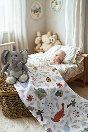 Salvia Dione Çok Amaçlı Müslin Bebek Örtüsü - 60x95 3 Katlı%100 Pamuk Müslin Bebek Battaniyesi - Unisex Hem Kız Hem Erkek Bebek İçin Hediye Alt Açma, Dinazor ve Hayvan Desenli Yenidoğan Kundak