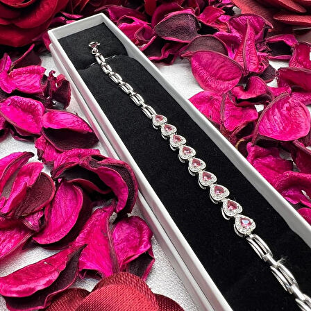 925 Ayar Gümüş Kalp Figürlü Kadın Bileklik – Pembe Taşlı, Şık Tasarım, Rose Kaplama