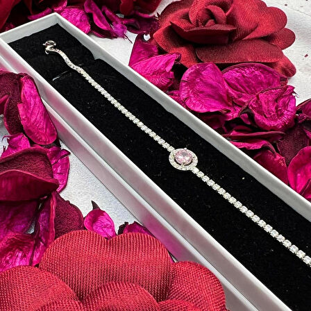 Pembe Taşlı Kadın Bileklik 925 Ayar Gümüş Rodyum Kaplama Zirkon Taşlı Zarif Tasarım