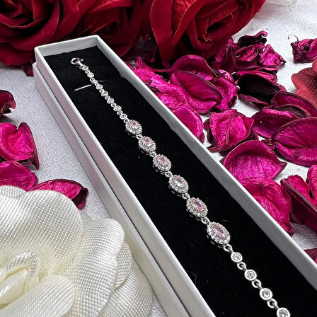 Oval Pembe Taşlı Kadın Bileklik 925 Ayar Gümüş Zirkon Taşlı