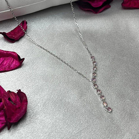 Pembe Zirkon Taşlı Kadın Kolyesi 925 Ayar Gümüş Zincirli Rodyumlu