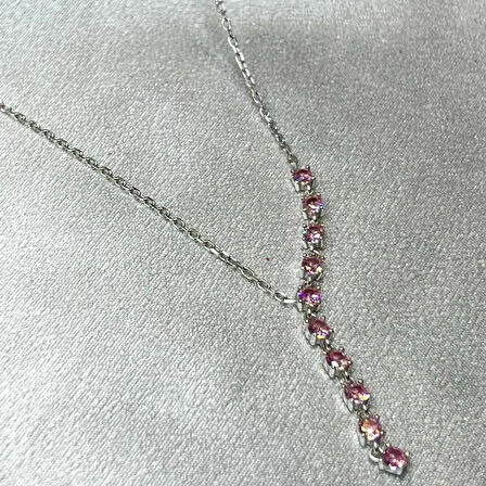 Pembe Zirkon Taşlı Kadın Kolyesi 925 Ayar Gümüş Zincirli Rodyumlu