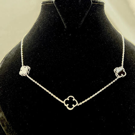 Van Cleef Yonca 3'lü Siyah Taşlı Kadın Kolyesi 925 Ayar Gümüş Rodyumlu 10 mm