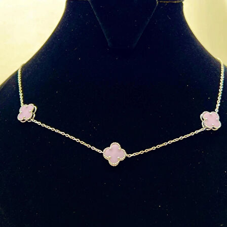 Van Cleef Yonca 3'lü Pembe Taşlı Kadın Kolyesi 925 Ayar Gümüş Altın Kaplama 10 mm