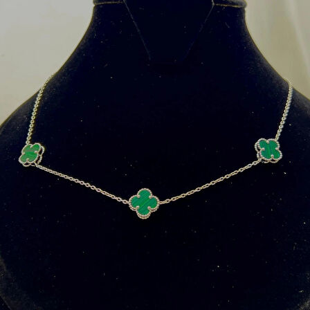 Van Cleef Yonca 3'lü Yeşil Taşlı Kadın Kolyesi 925 Ayar Gümüş Rodyumlu 10 mm