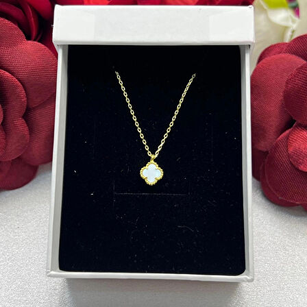 Van Cleef Yonca Beyaz Taşlı Kadın Kolyesi 925 Ayar Gümüş Altın kaplama 6 mm
