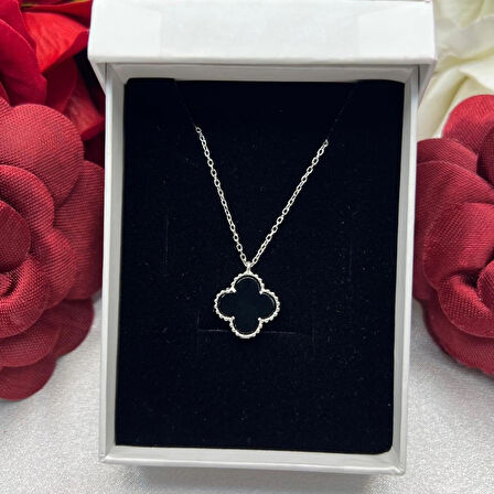 Van Cleef Yonca Siyah Taşlı Kadın Kolyesi 925 Ayar Gümüş Rodyumlu  12 mm
