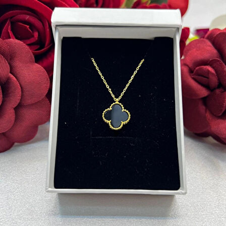Van Cleef Yonca Siyah Taşlı Kadın Kolyesi 925 Ayar Gümüş Altın kaplama 12 mm
