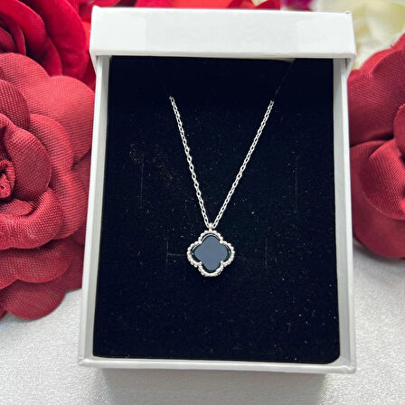 Van Cleef Yonca Siyah Taşlı Kadın Kolyesi 925 Ayar Gümüş Rodyumlu  10 mm