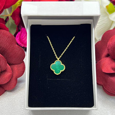 Van Cleef Yonca Yeşil Taşlı Kadın Kolyesi 925 Ayar Gümüş Altın Kaplama 12 mm