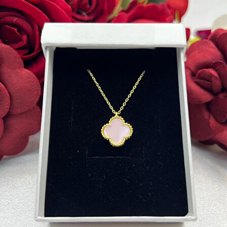 Van Cleef Yonca Pembe Taşlı Kadın Kolyesi 925 Ayar Gümüş Altın Kaplama 12 mm
