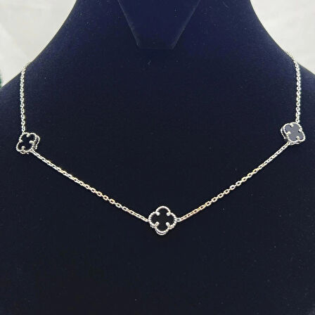 Van Cleef Yonca 3'lü Siyah Taşlı Kadın Kolyesi 925 Ayar Gümüş Rodyumlu 8 mm