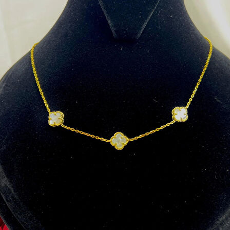 Van Cleef Yonca 3'lü Beyaz Taşlı Kadın Kolyesi 925 Ayar Gümüş Altın Kaplama 8 mm