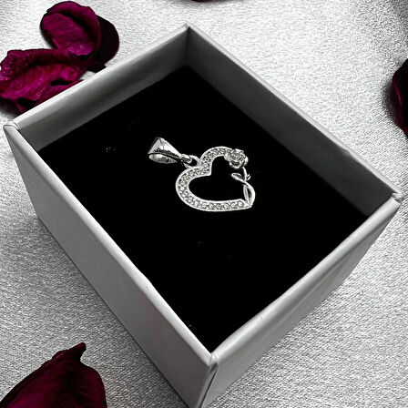 Kalp ve Gül Figürlü Kadın Kolye Ucu 925 Ayar Gümüş Zirkon Taşlı