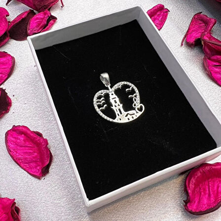 Kız Kulesi ve Kalp Figürlü Kadın Kolye Ucu 925 Ayar Gümüş Zirkon Taşlı