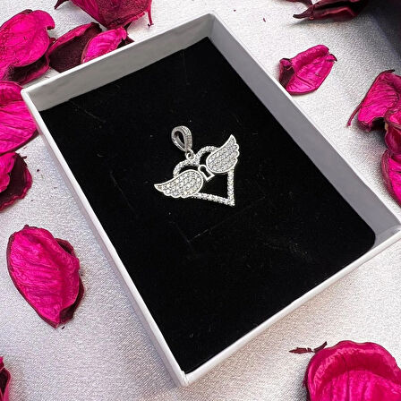 Kanatlı Kalp Figürlü Kadın Kolye Ucu 925 Ayar Gümüş Zirkon Taşlı