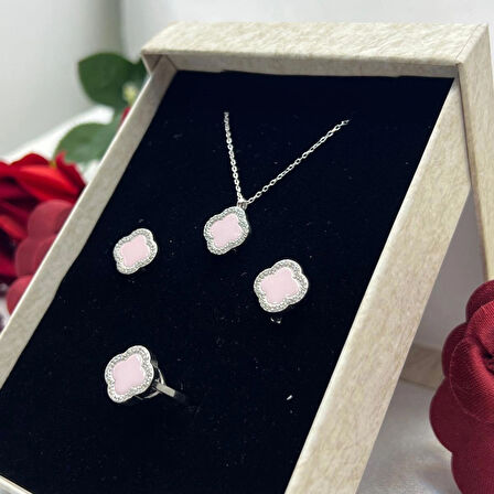 Van Cleef Yonca Pembe Taşlı Kadın 3'lü Seti 925 Ayar Gümüş Radyumlu 12 mm