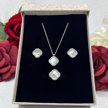 Van Cleef Yonca Beyaz Taşlı Kadın 3'lü Seti 925 Ayar Gümüş Radyumlu 12 mm