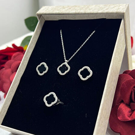 Van Cleef Yonca Siyah Taşlı Kadın 3'lü Seti 925 Ayar Gümüş Radyumlu 12 mm