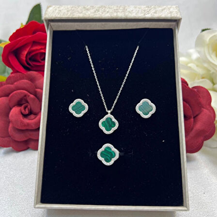 Van Cleef Yonca Yeşil Taşlı Kadın 3'lü Seti 925 Ayar Gümüş Radyumlu 12 mm