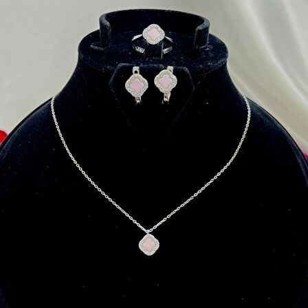 Van Cleef Yonca Pembe Taşlı Kadın 3'lü Seti 925 Ayar Gümüş Radyumlu 8 mm