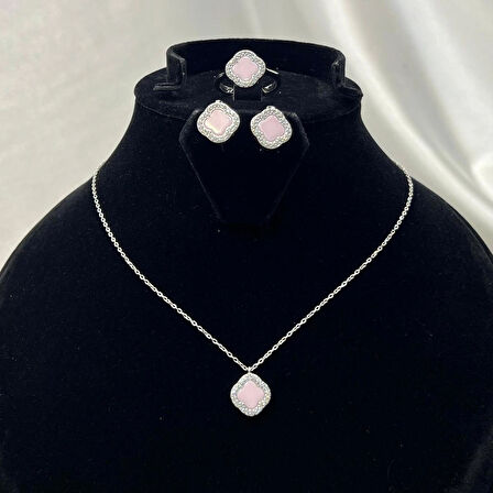 Van Cleef Yonca Pembe Taşlı Kadın 3'lü Seti 925 Ayar Gümüş Radyumlu 6 mm