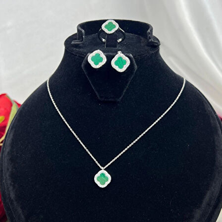 Van Cleef Yonca Yeşil Taşlı Kadın 3'lü Seti 925 Ayar Gümüş Radyumlu 6 mm